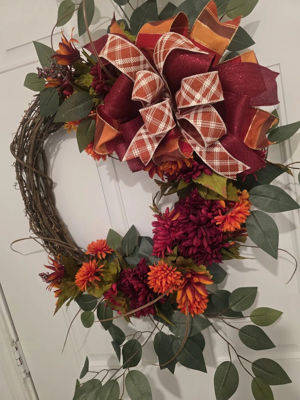 Autumn Grapevine Wreath with Burgundy & Orange Bow Fall